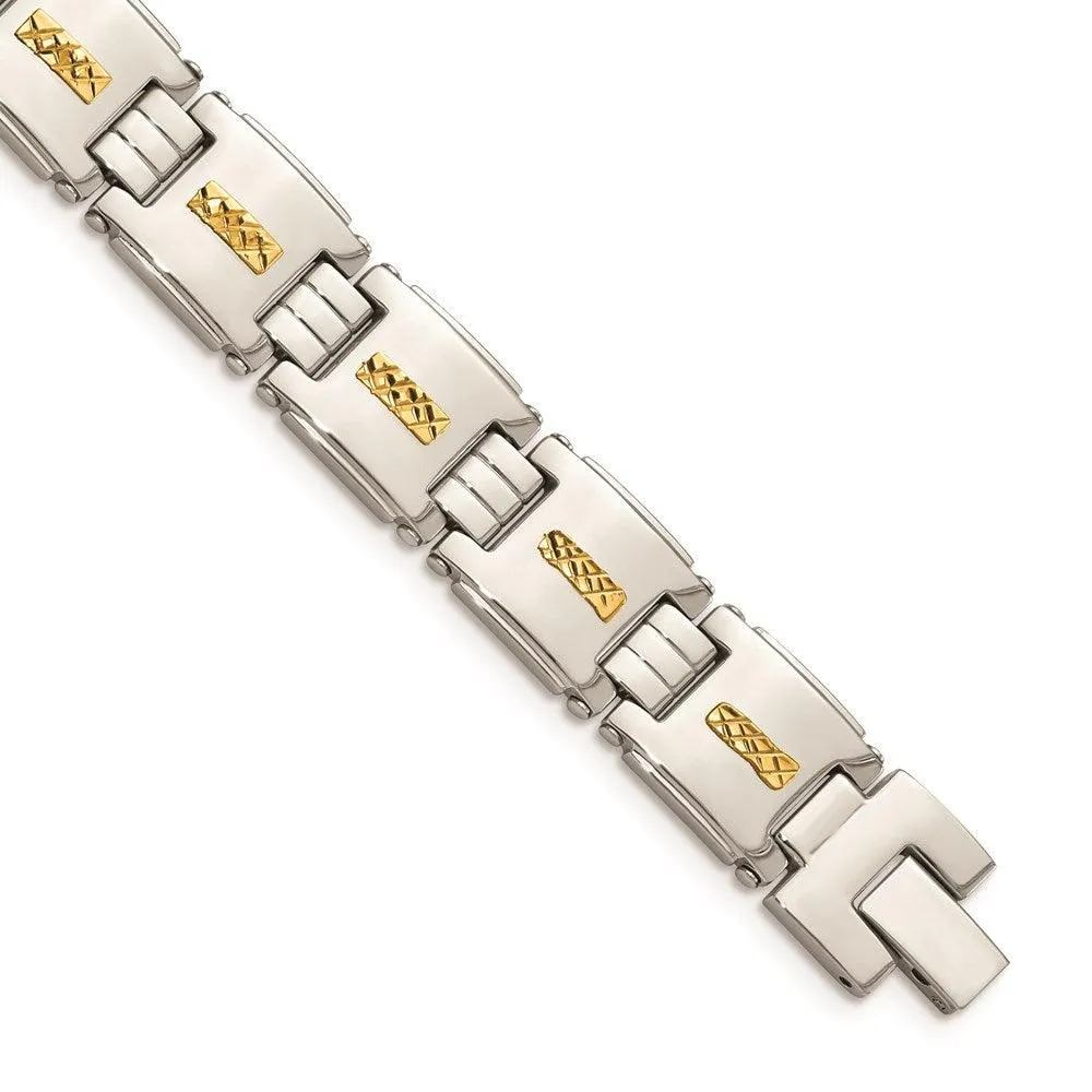 Stainless Steel Polished w/14k Gold D/C Link Bracelet 