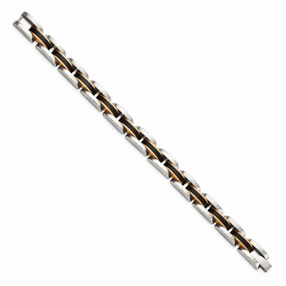 Stainless Steel Polished w/Black & Rose IP-plated 8.5in Link Bracelet