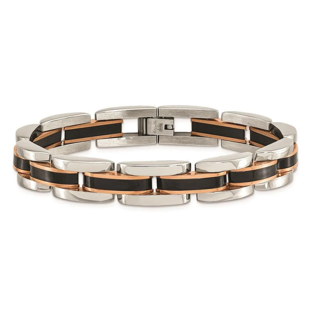 Stainless Steel Polished w/Black & Rose IP-plated 8.5in Link Bracelet
