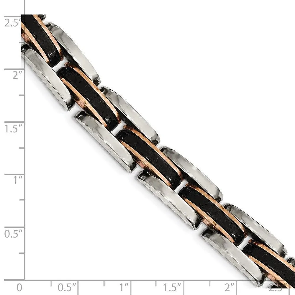 Stainless Steel Polished w/Black & Rose IP-plated 8.5in Link Bracelet