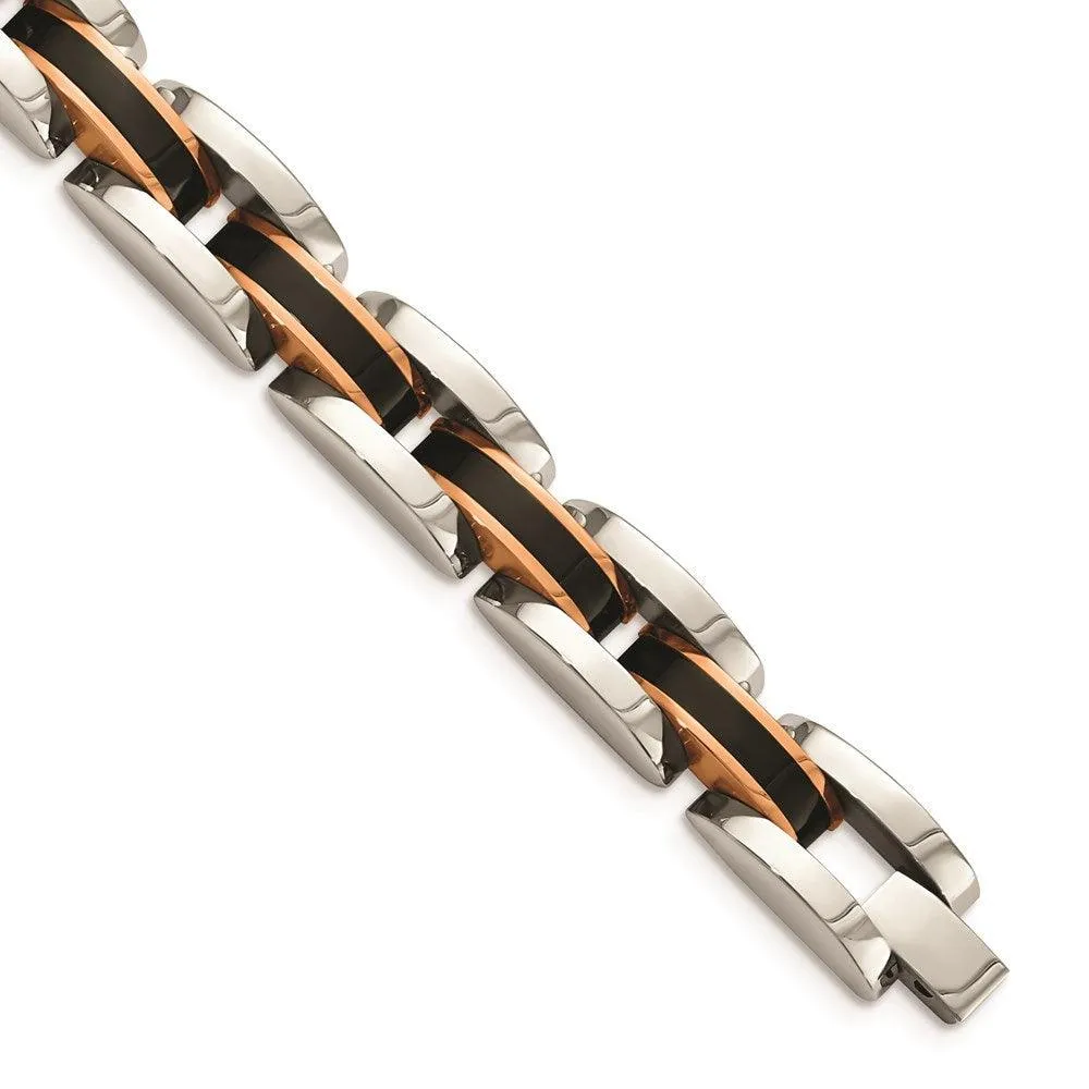 Stainless Steel Polished w/Black & Rose IP-plated 8.5in Link Bracelet 