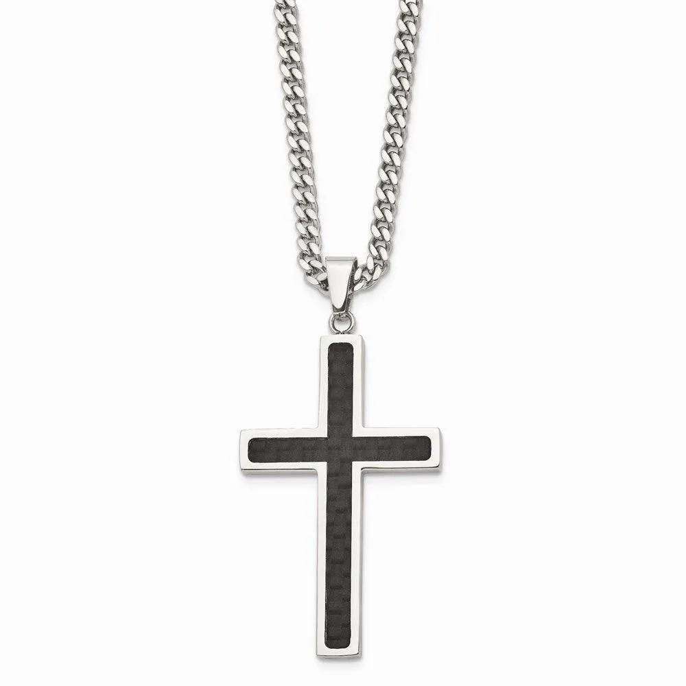 Stainless Steel Polished w/Black Carbon Fiber Cross 24in Necklace 