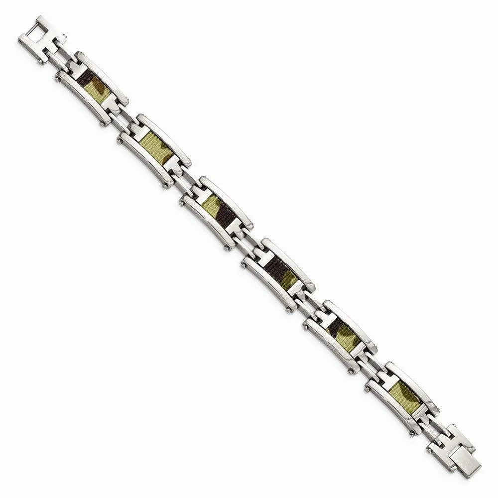 Stainless Steel Polished w/Brown Camo Fabric Inlay 8.75in. Link Bracelet