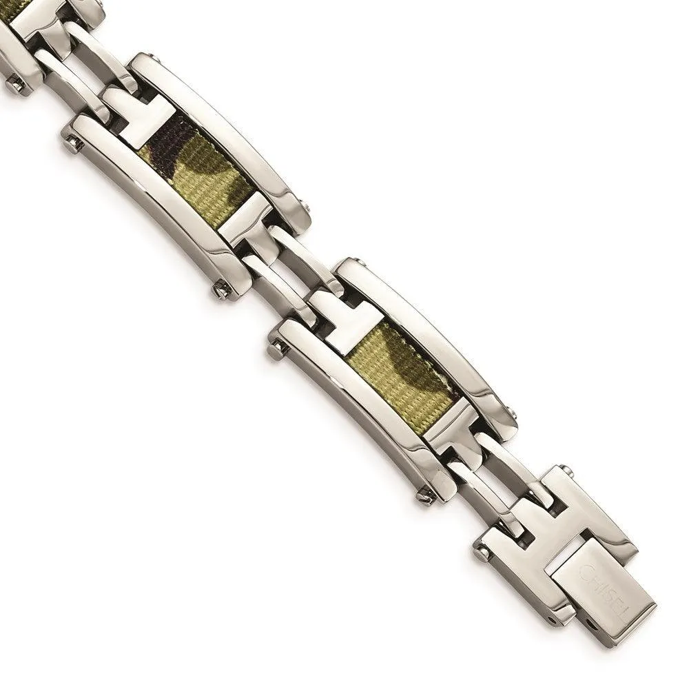 Stainless Steel Polished w/Brown Camo Fabric Inlay 8.75in. Link Bracelet 