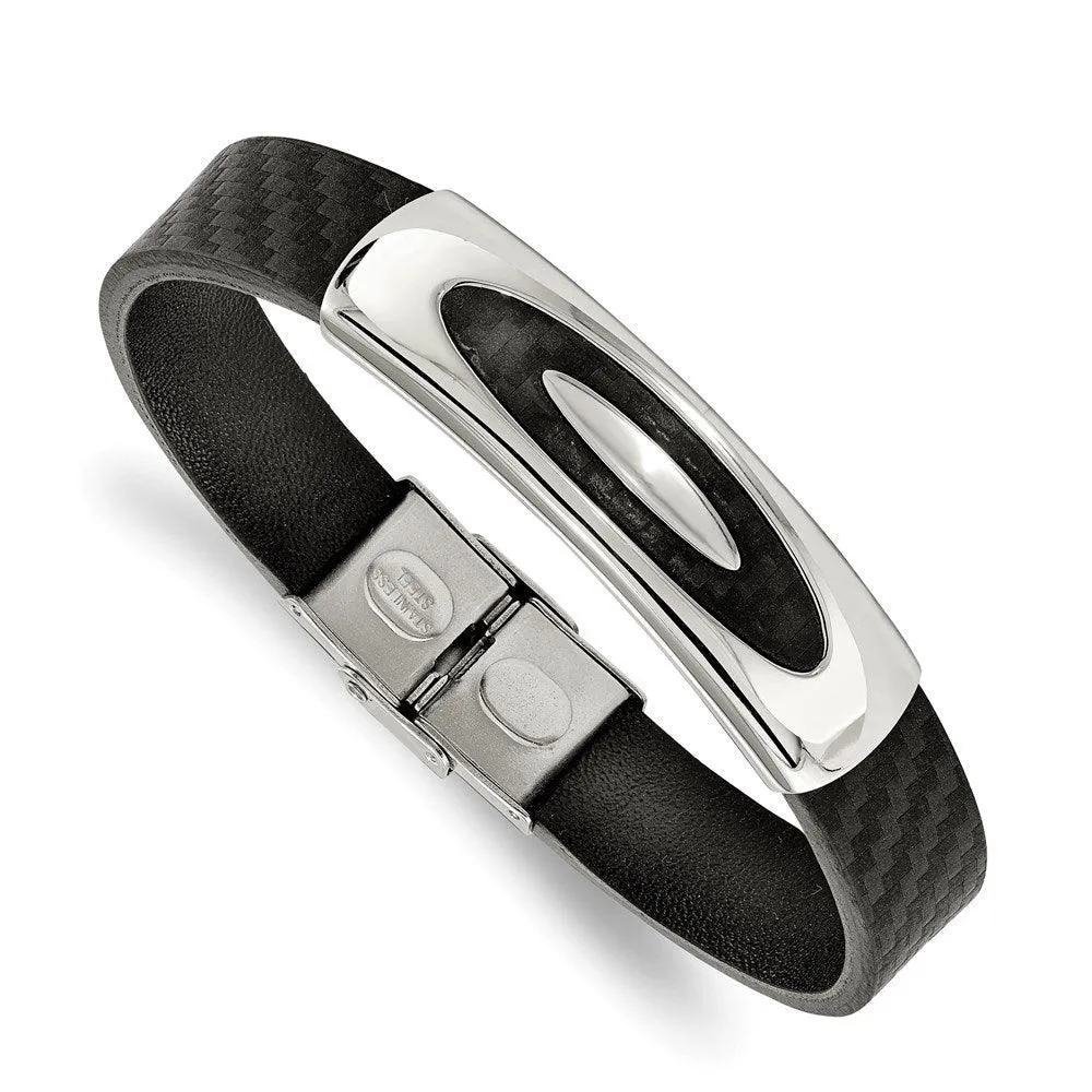 Stainless Steel Polished Weaved Black Genuine Leather 8 inch Bracelet 
