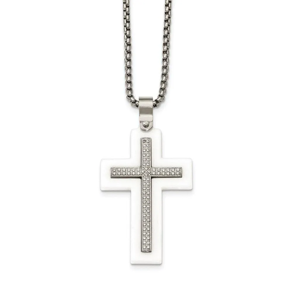 Stainless Steel Polished White Ceramic Cross CZ 23.75in Necklace 