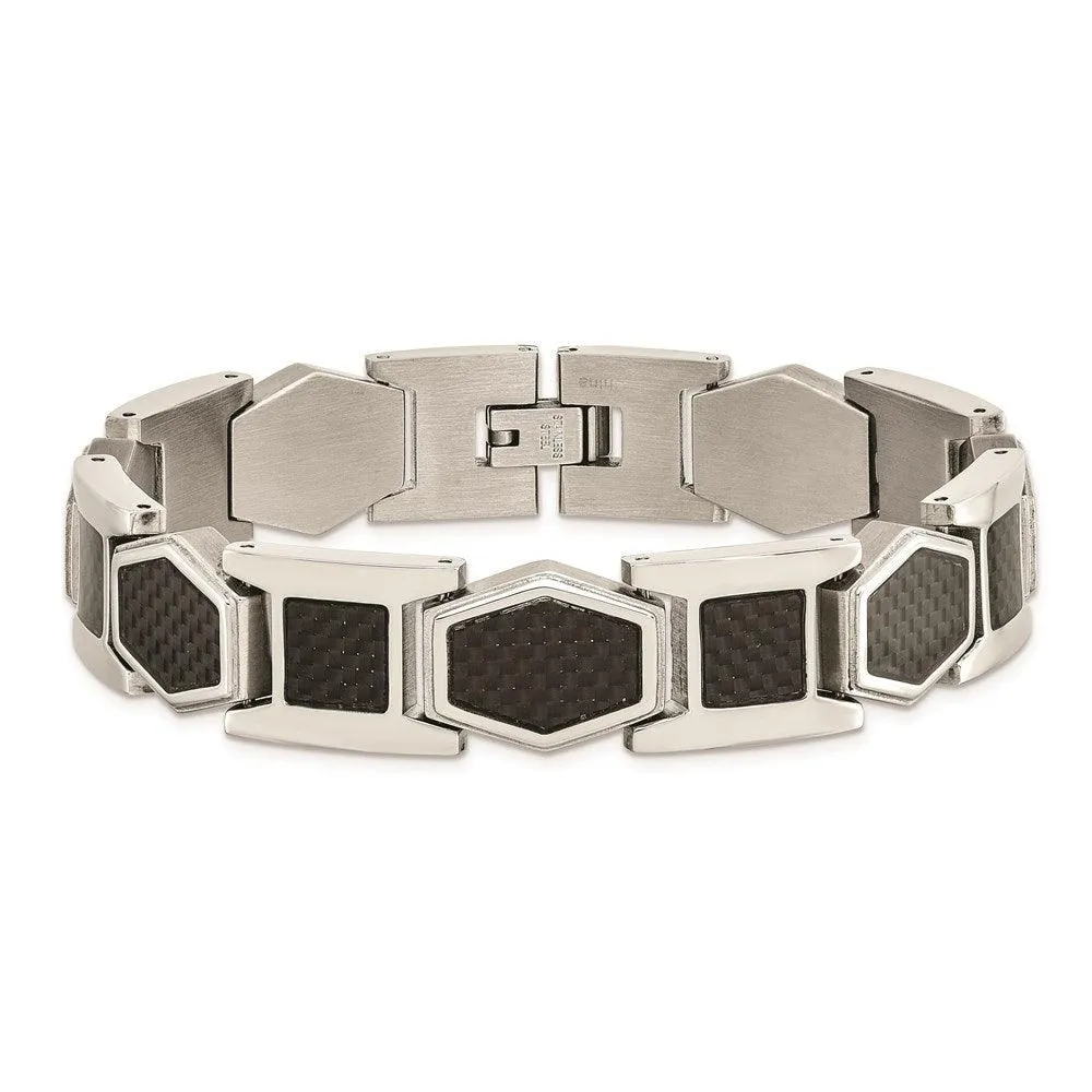 Stainless Steel Polished with Black Carbon Fiber Inlay 8.75 in Link Bracele