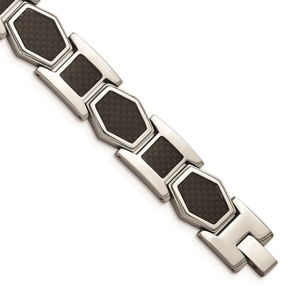 Stainless Steel Polished with Black Carbon Fiber Inlay 8.75 in Link Bracele 