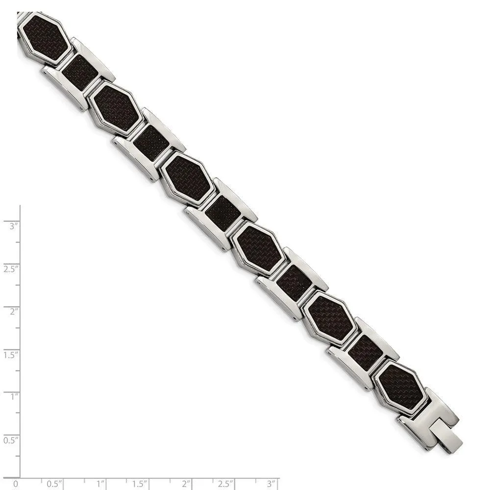Stainless Steel Polished with Black Carbon Fiber Inlay 8.75 in Link Bracele