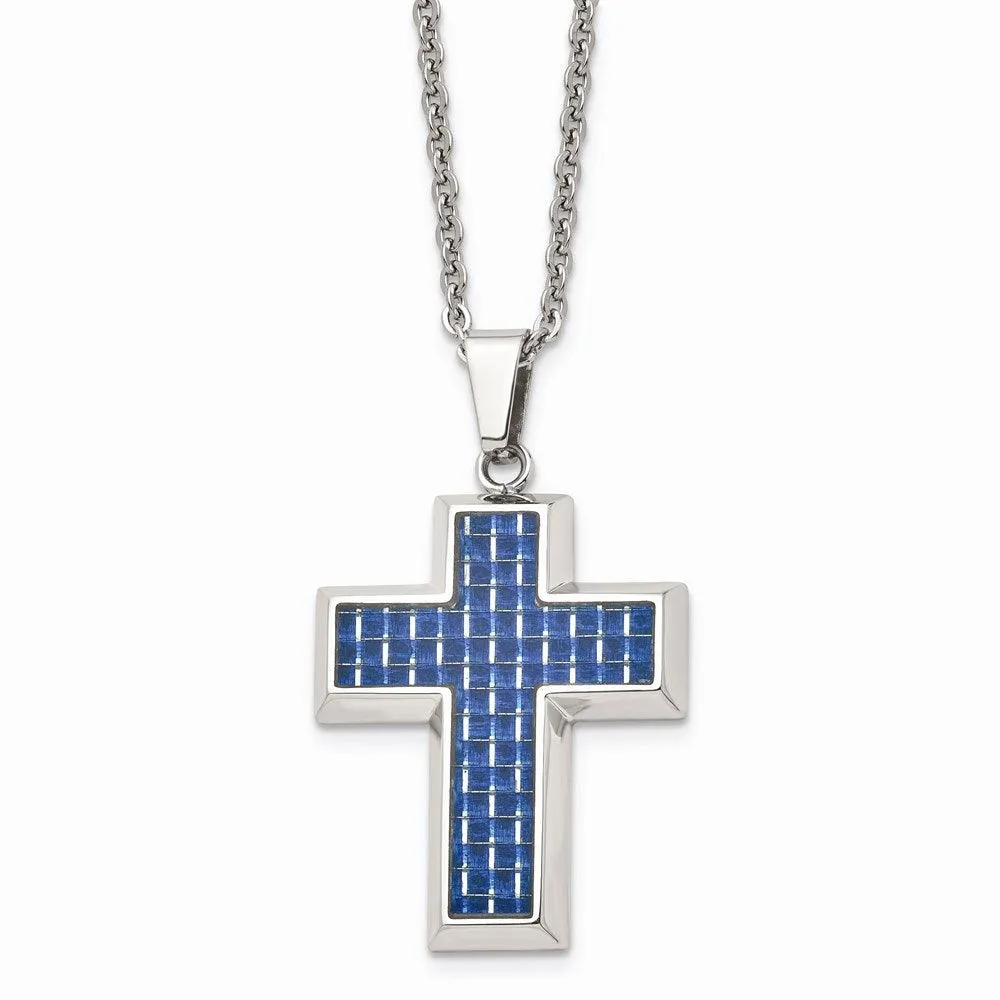 Stainless Steel Polished with Blue Carbon Fiber Inlay Cross 22in Necklace 