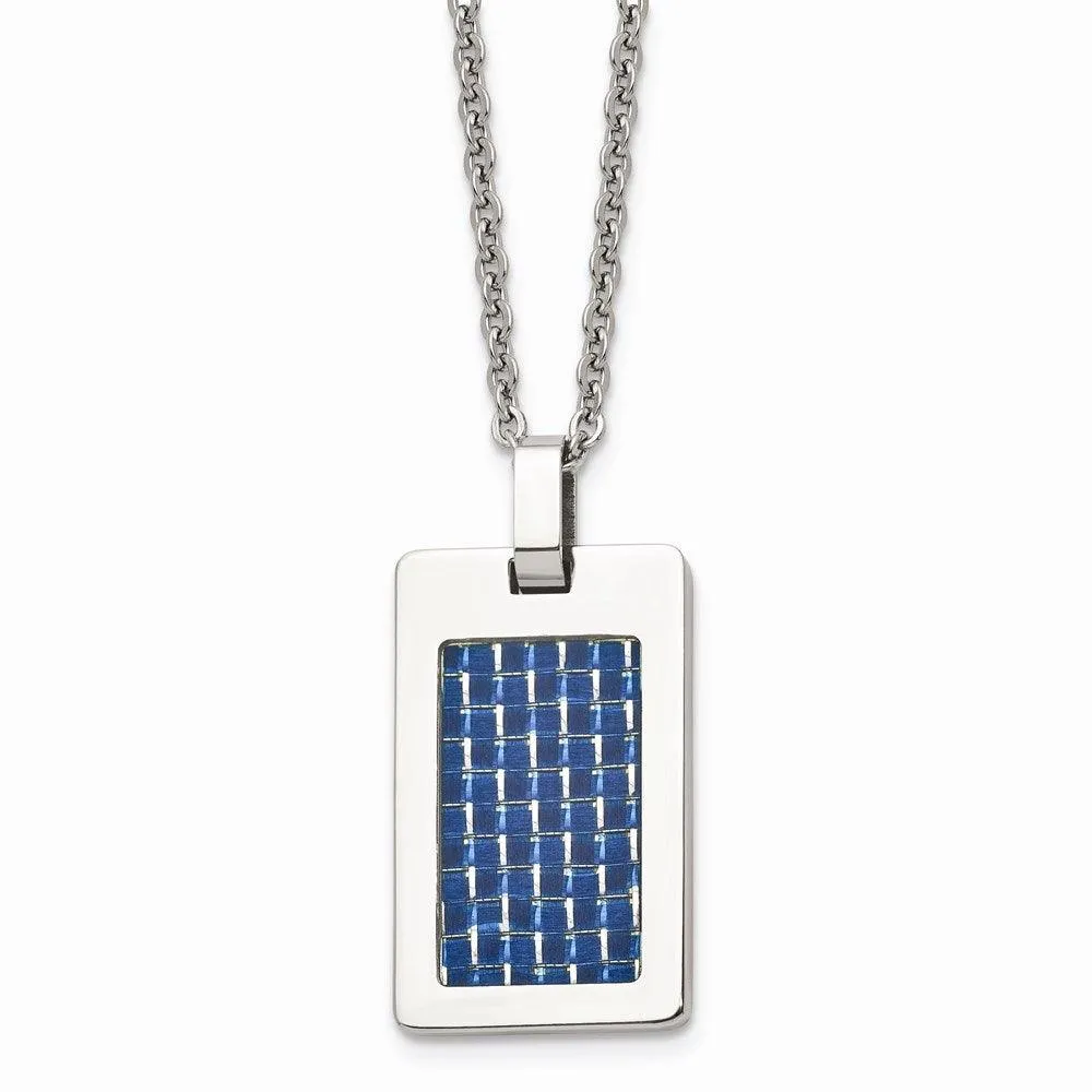 Stainless Steel Polished with Blue Carbon Fiber Inlay Dog Tag Necklace 
