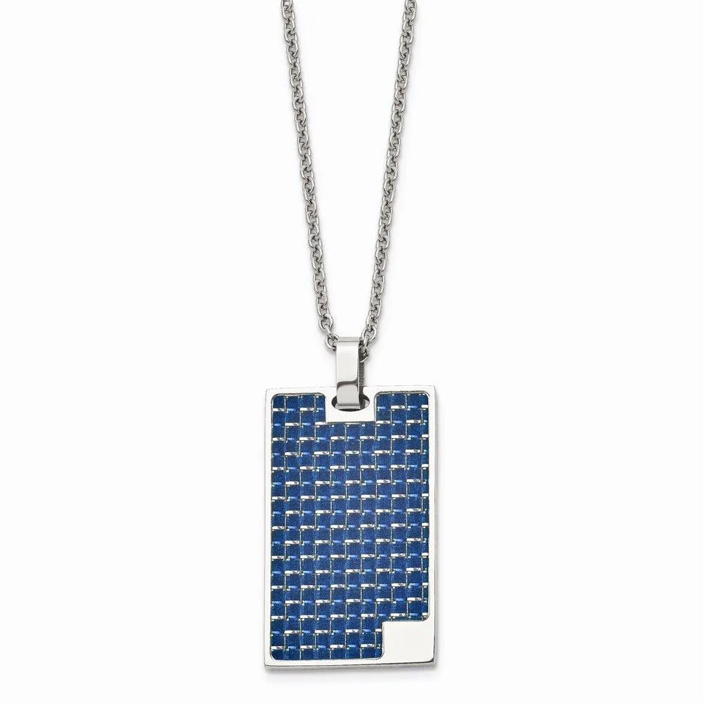 Stainless Steel Polished with Blue Carbon Fiber Inlay Dog Tag Necklace 