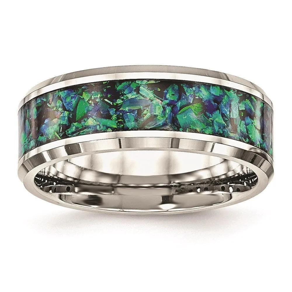 Stainless Steel Polished with Blue Imitation Opal 8mm Men's Ring 