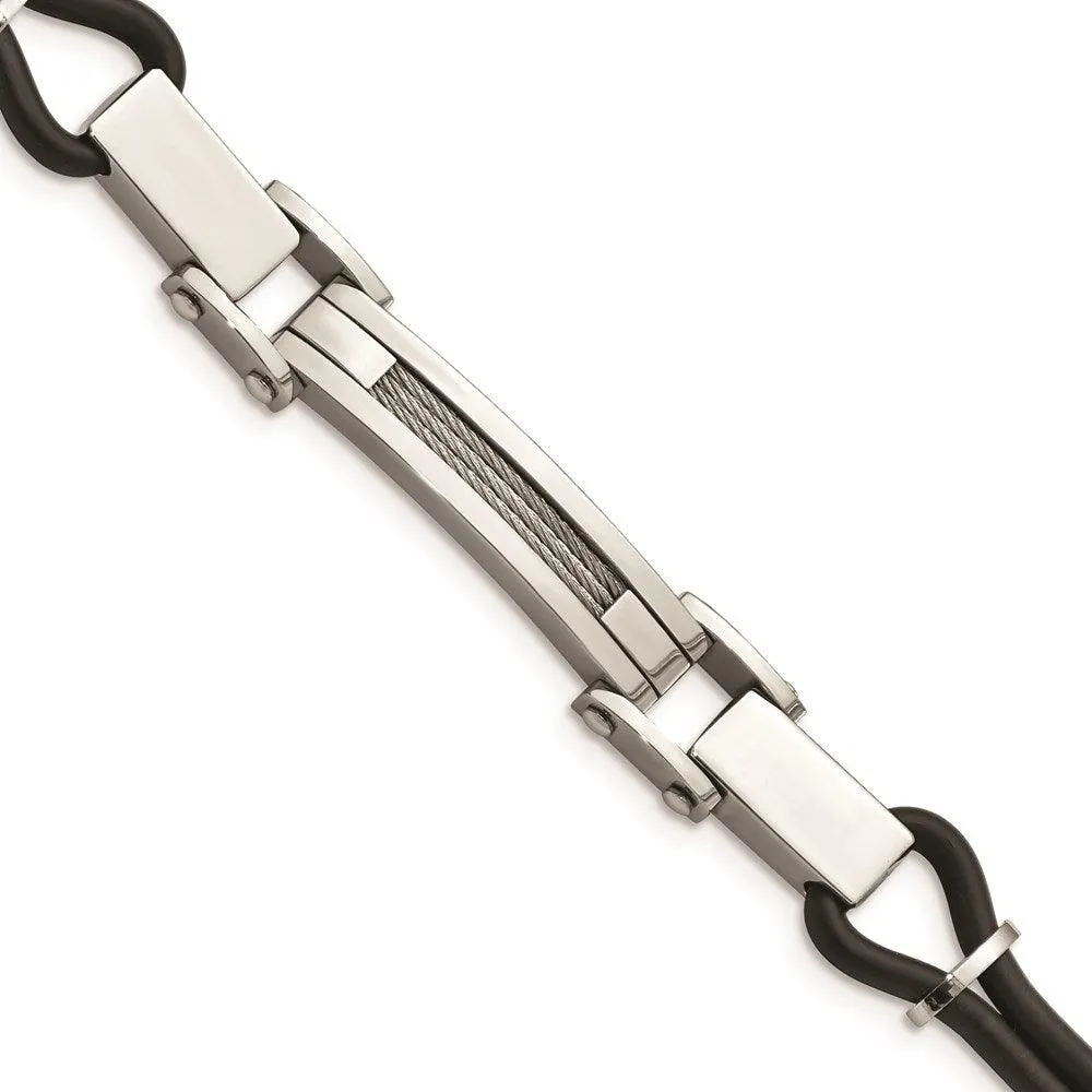 Stainless Steel Polished with Wire Inlay & PU Cord Bracelet 