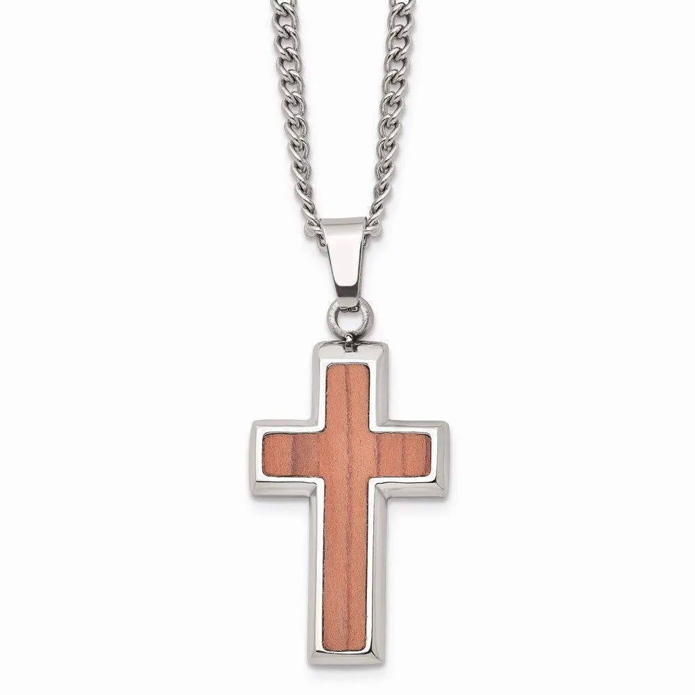 Stainless Steel Polished Wood Inlay Cross Necklace 