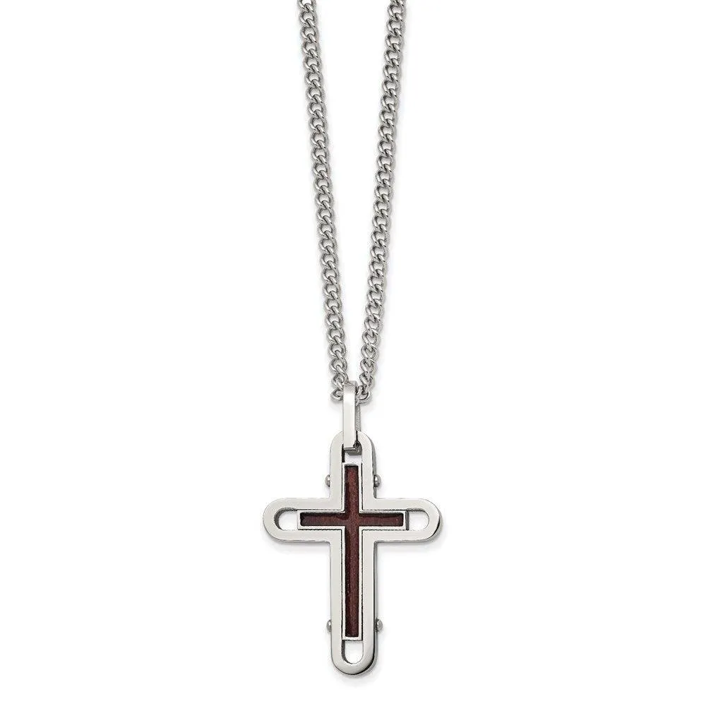 Stainless Steel Polished Wood with Enamel Overlay Cross Necklace 