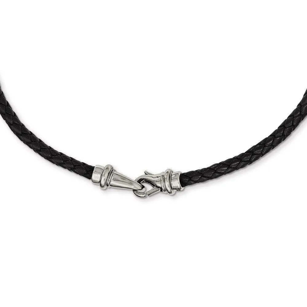 Stainless Steel Polished Woven Black Leather Necklace 