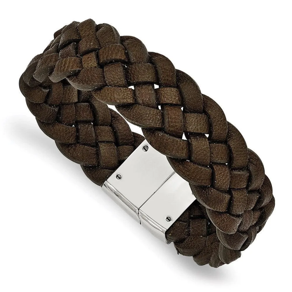 Stainless Steel Polished Woven Brown Leather Bracelet 