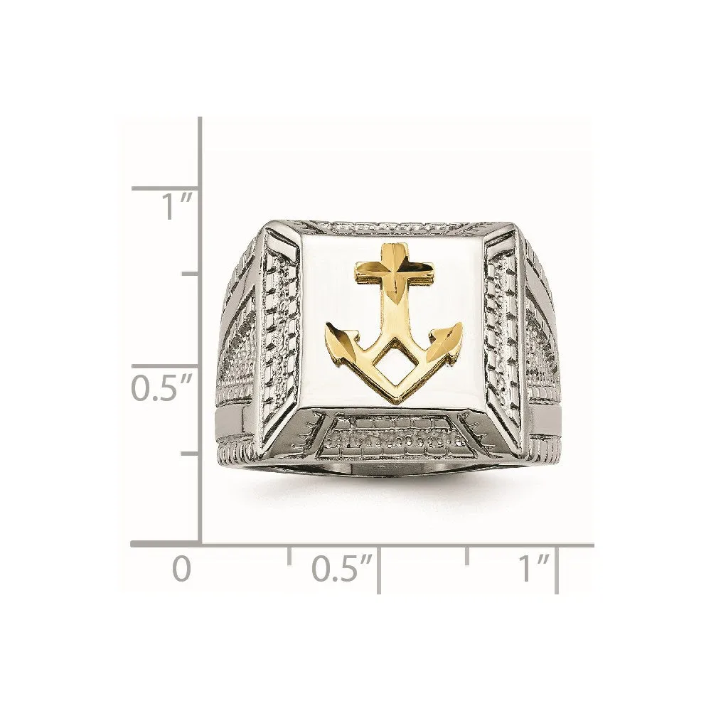 Stainless Steel Polished Yellow IP-plated w/ Sterling Silver Anchor Ring | SR471