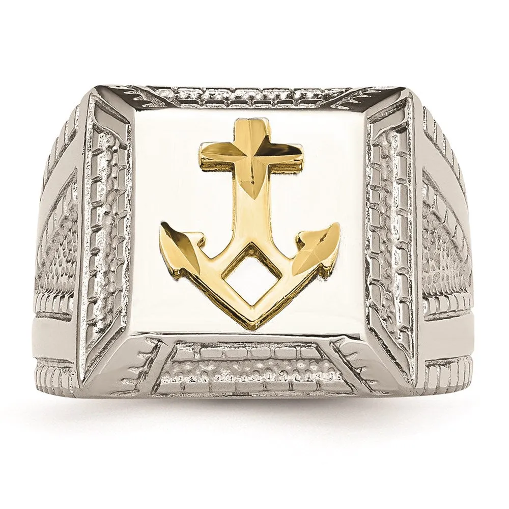Stainless Steel Polished Yellow IP-plated w/ Sterling Silver Anchor Ring | SR471