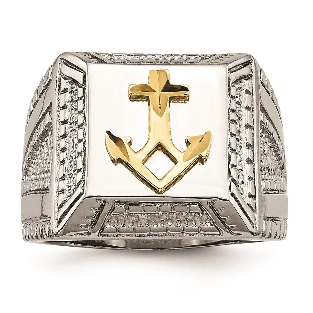 Stainless Steel Polished Yellow IP-plated w/ Sterling Silver Anchor Ring | SR471