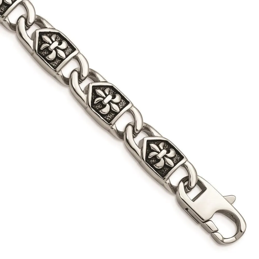 Stainless Steel Polished/Antiqued Fleur de Lis Bracelet 