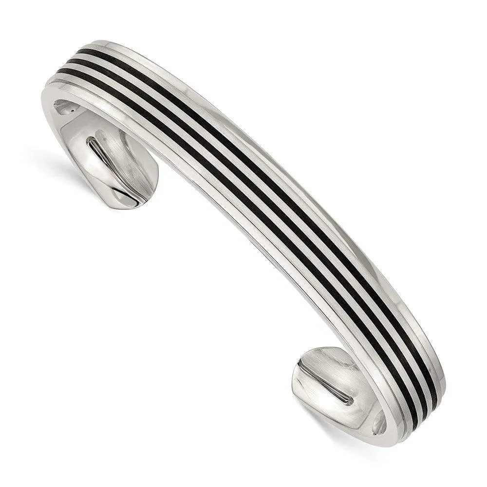 Stainless Steel Polished/Brushed Black Rubber Inlay Cuff Bangle 