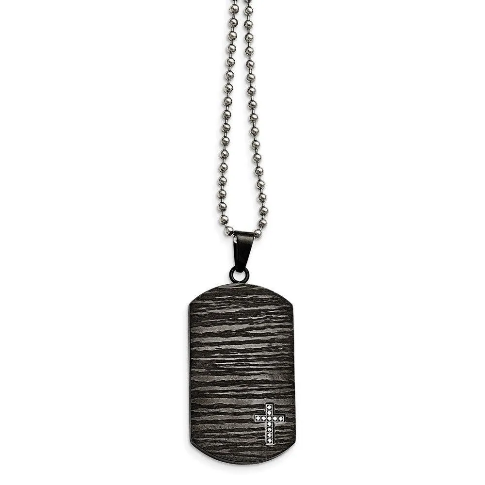 Stainless Steel Polished/Brushed IP-plated 1/10ct.tw Dia Dog Tag Necklace 
