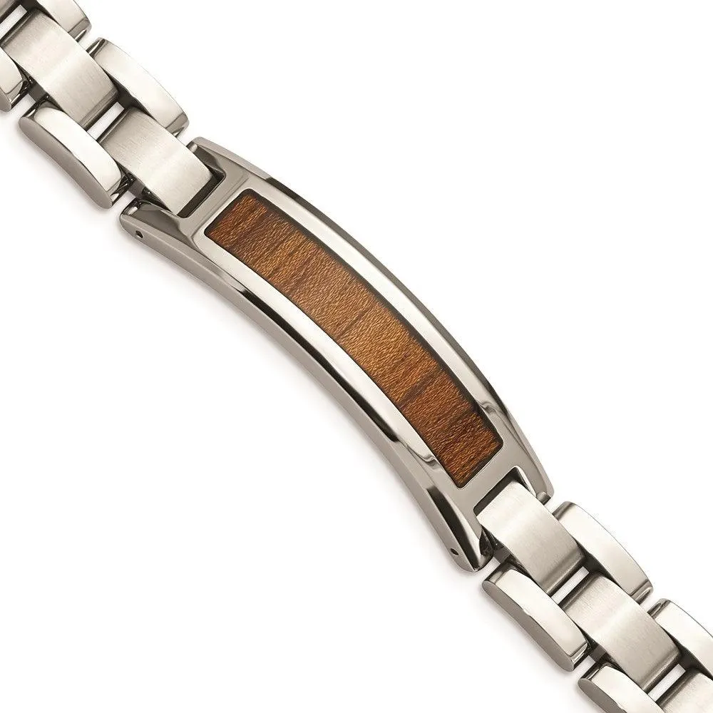Stainless Steel Polished/Brushed Wood Inlay Enameled Bracelet 