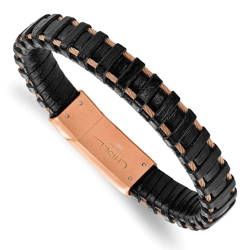Stainless Steel Rose IP-plated Cable and Black Leather Bracelet 