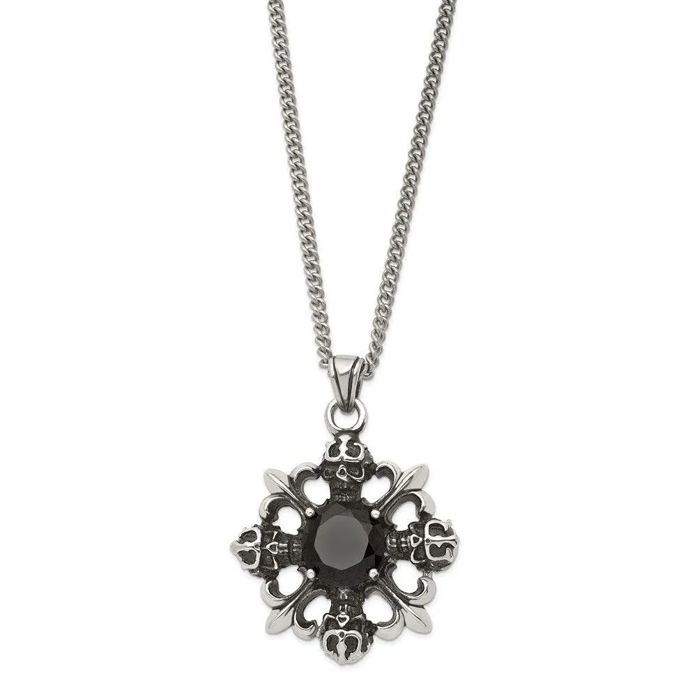 Stainless Steel Skulls & Fleur de lis w/Black CZ 22in Necklace 