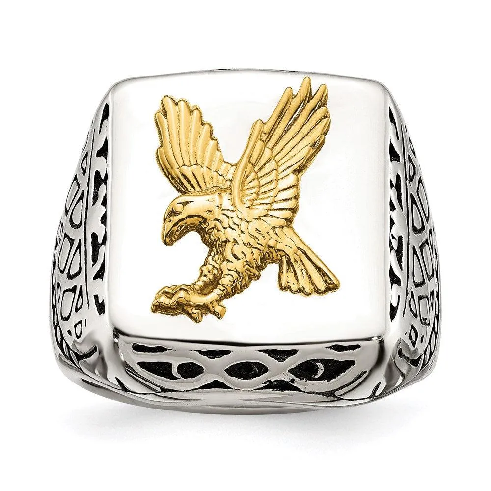 Stainless Steel w/14k Accent Antiqued and Polished Eagle Ring 