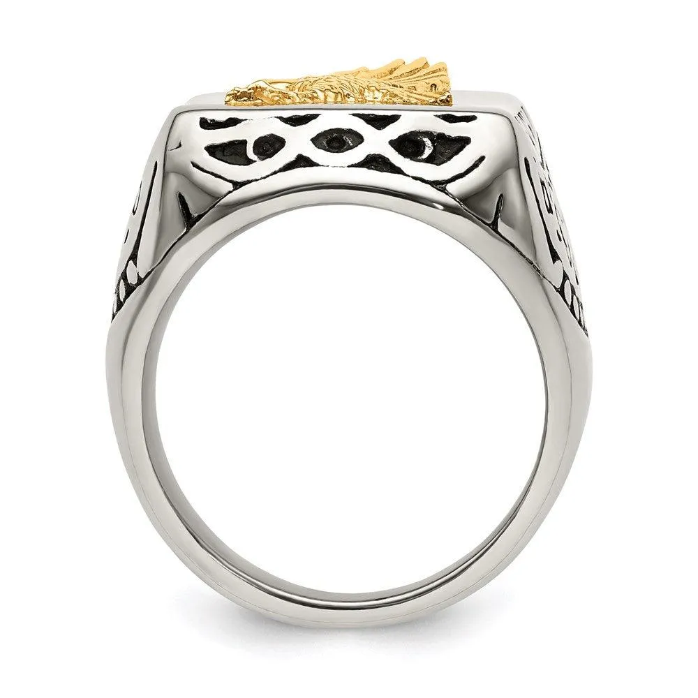 Stainless Steel w/14k Accent Antiqued and Polished Eagle Ring