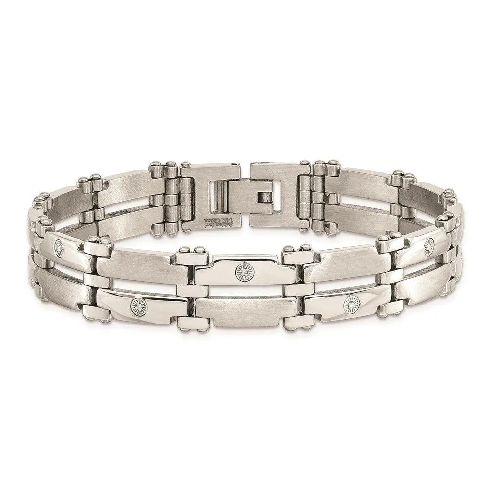 Stainless Steel w/14k White Gold Accents & Diamonds 8.5in Bracelet