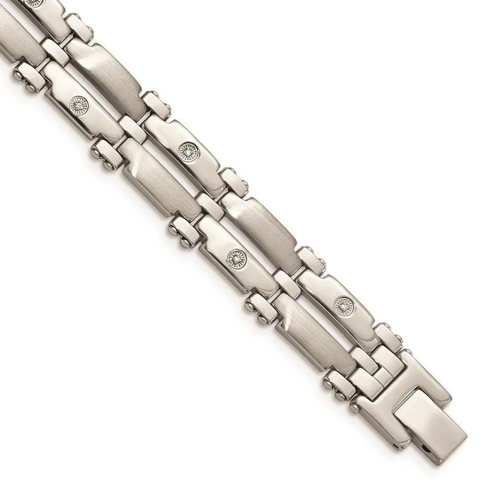 Stainless Steel w/14k White Gold Accents & Diamonds 8.5in Bracelet 