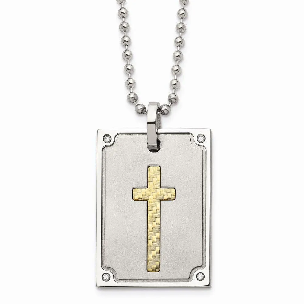 Stainless Steel w/18k Matte and Polished Diamond Square Necklace 