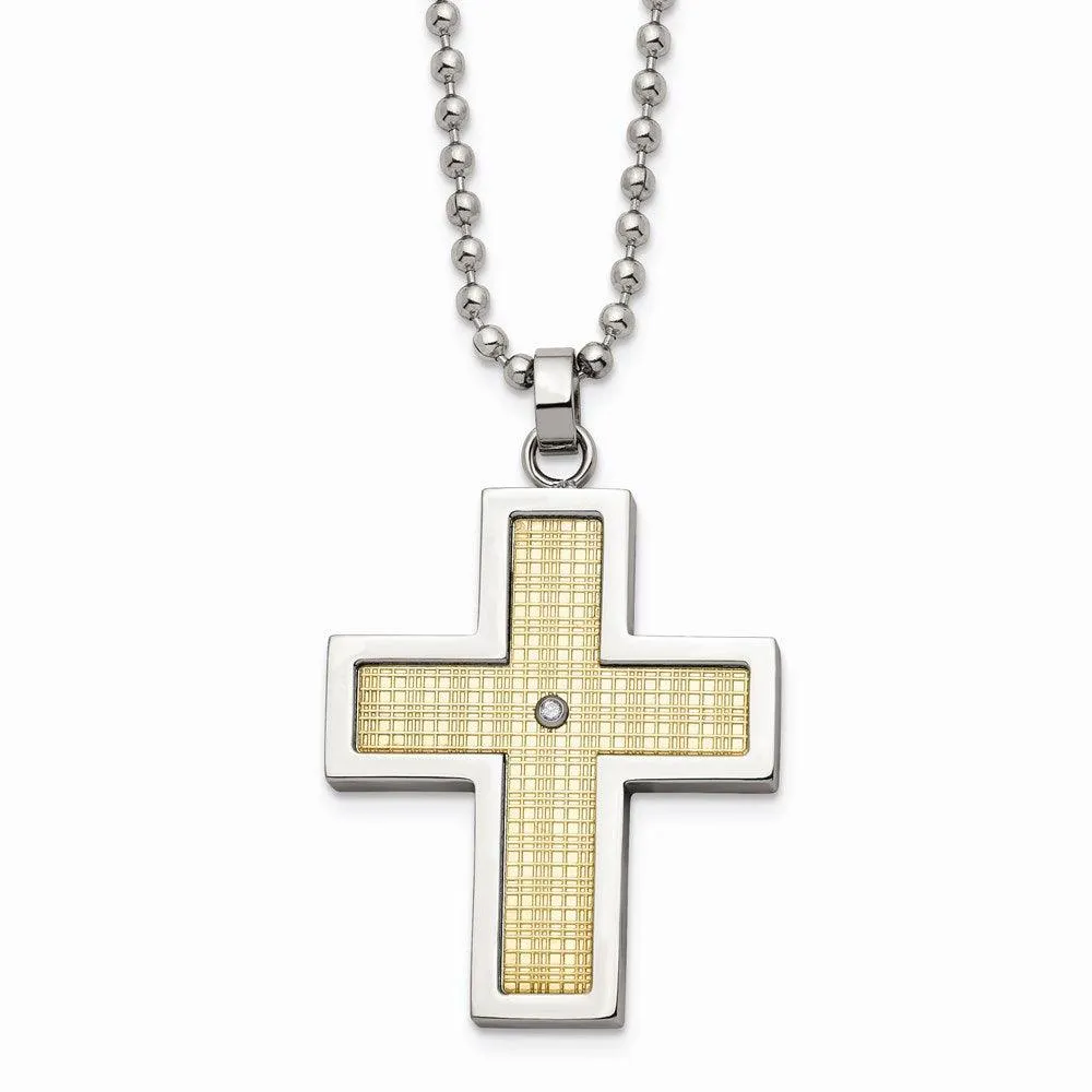 Stainless Steel w/18k Polished Textured Diamond Cross Necklace 