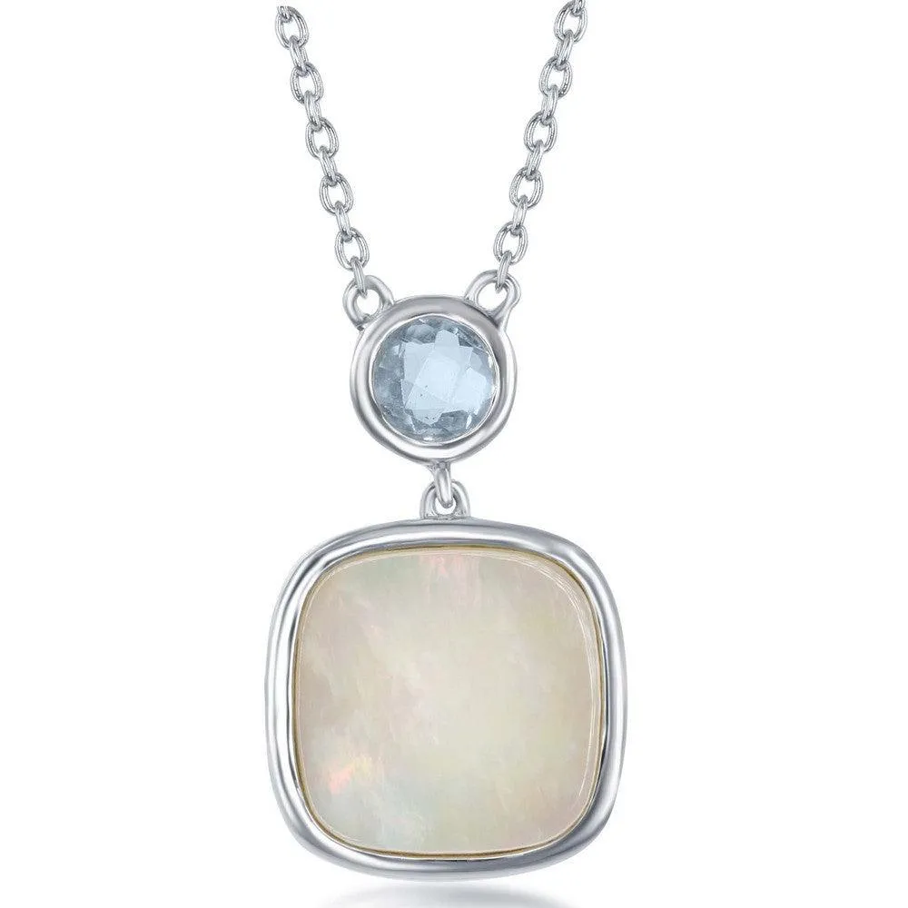 Sterling Silver Bezel Set Blue Topaz and Square MOP Necklace 