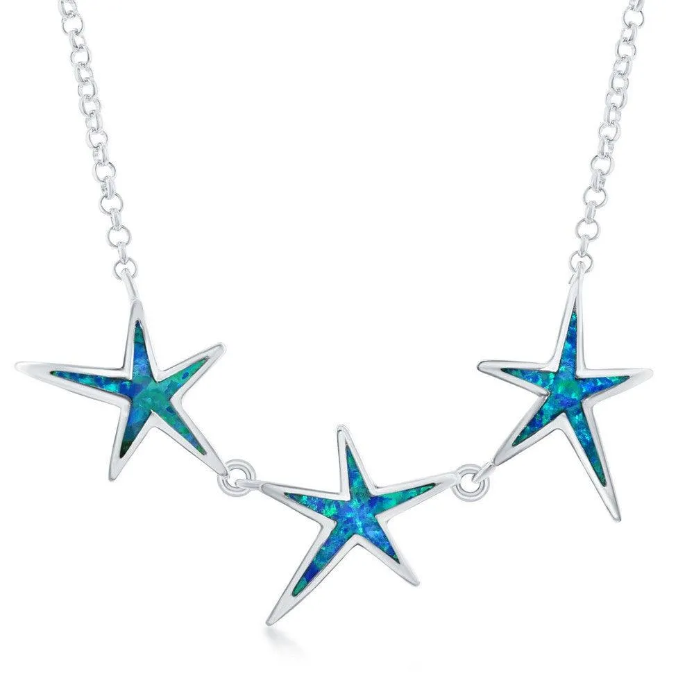 Sterling Silver Blue Inlay Opal Three Linked Starfish Necklace 