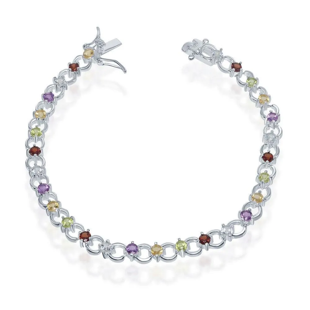 Sterling Silver Circle Linked Bracelet with Multicolor Gemstones 