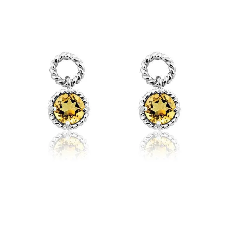 Sterling Silver Citrine Gemstone Twisted Wire Circle Earrings 