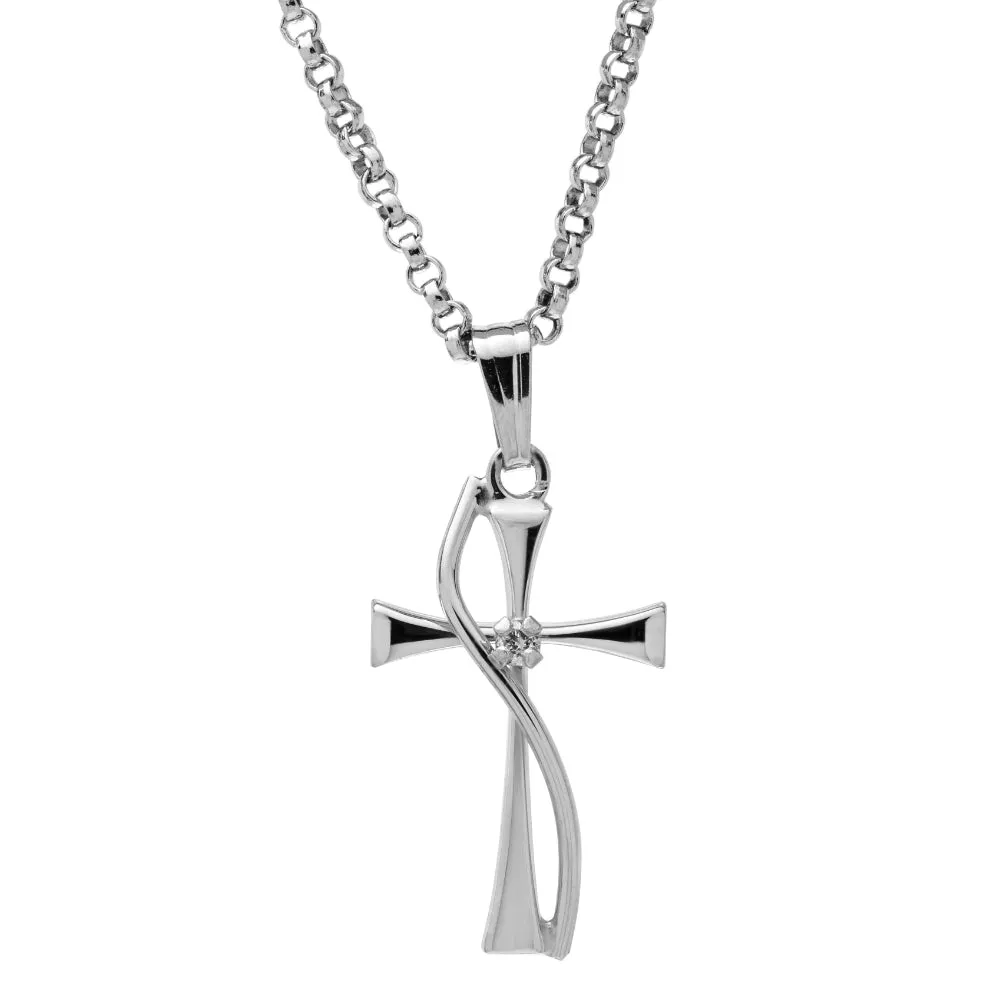 Sterling Silver Cross Pendant Necklace with Single Diamond 