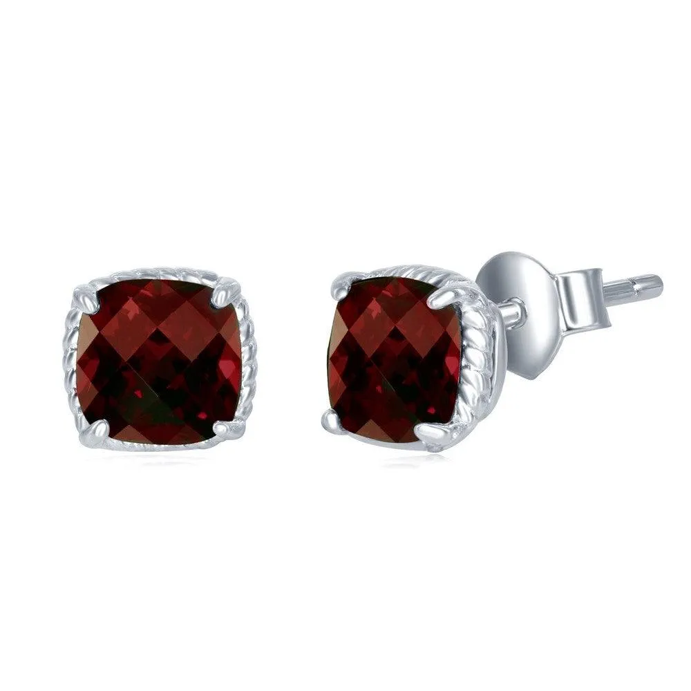 Sterling Silver Cushion Cut Garnet Stud Earrings 