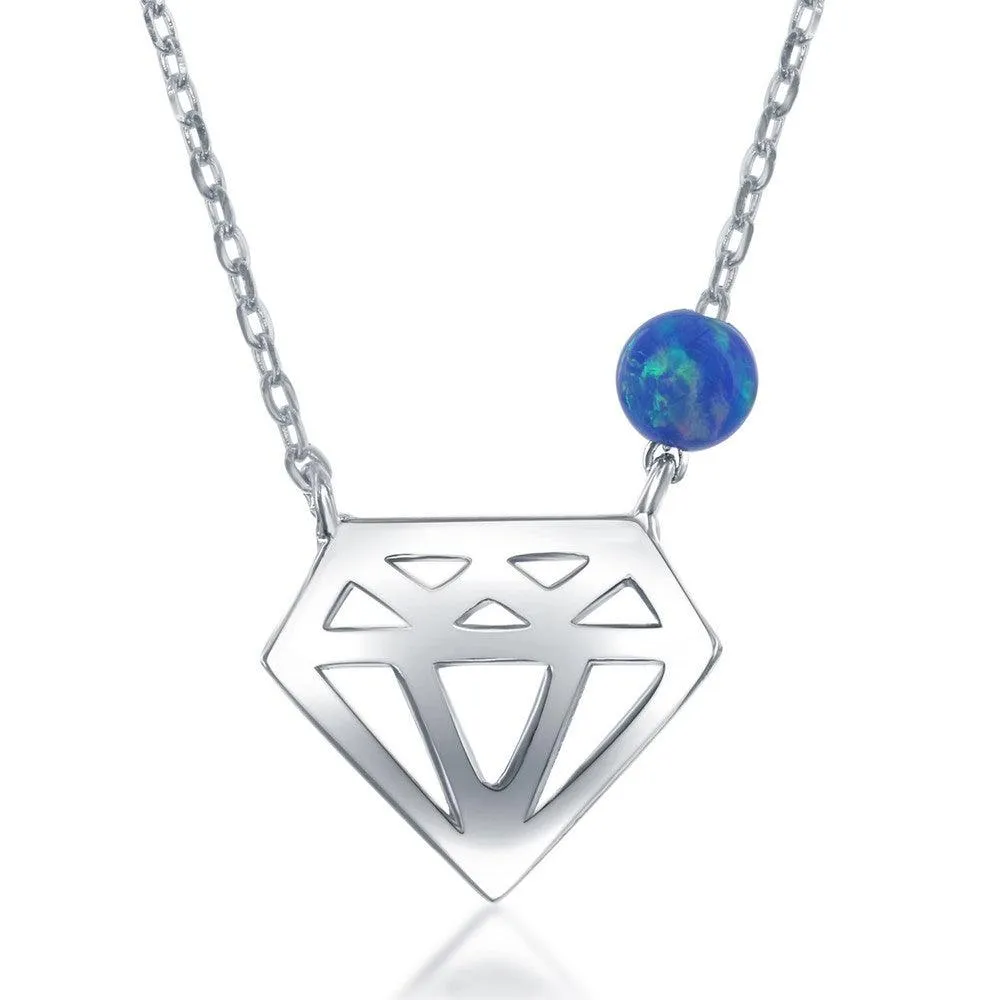 Sterling Silver Diamond Cut-out with Blue Opal Bead Necklace 