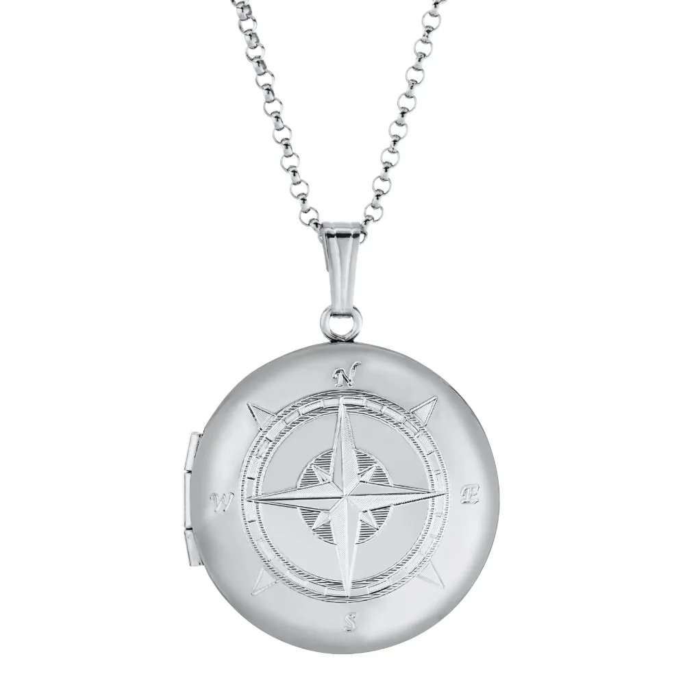 Sterling Silver Engraved Compass Locket Necklace 