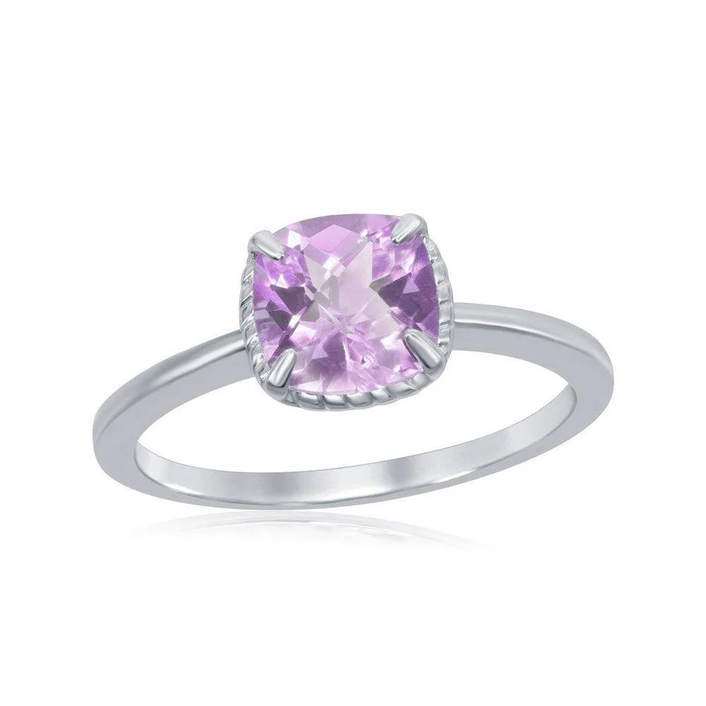 Sterling Silver Four-Prong Square Amethyst Rope Design Border Ring 