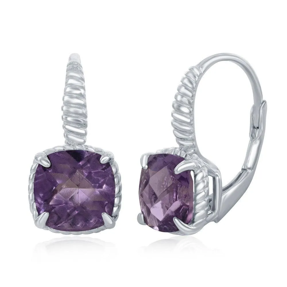 Sterling Silver Four-Prong Square Amethyst with Rope Design Border Earrings 