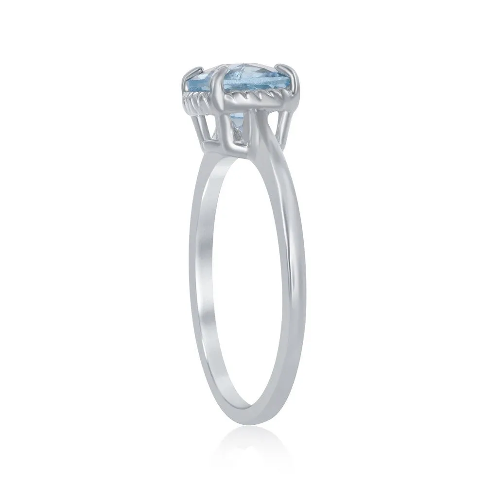 Sterling Silver Four-Prong Square Blue Topaz Rope Design Border Ring - W-1985