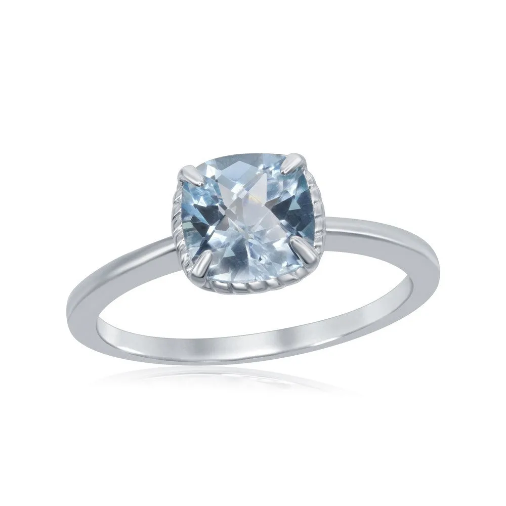 Sterling Silver Four-Prong Square Blue Topaz Rope Design Border Ring - W-1985