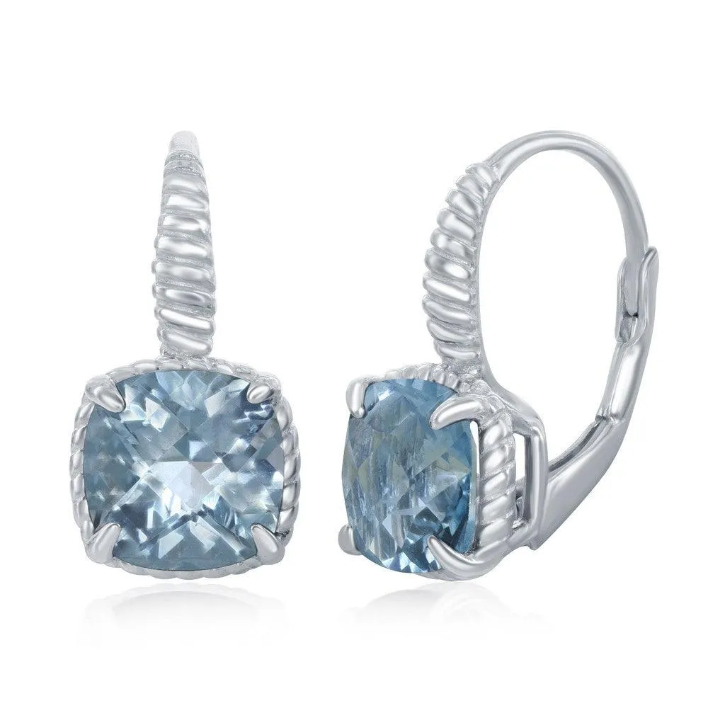 Sterling Silver Four-Prong Square Blue Topaz with Rope Design Border Earrings 